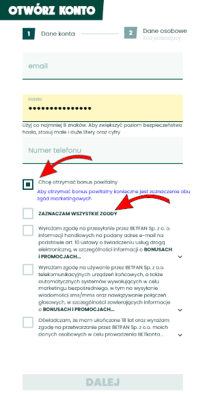 Betfan registration-1. form screen