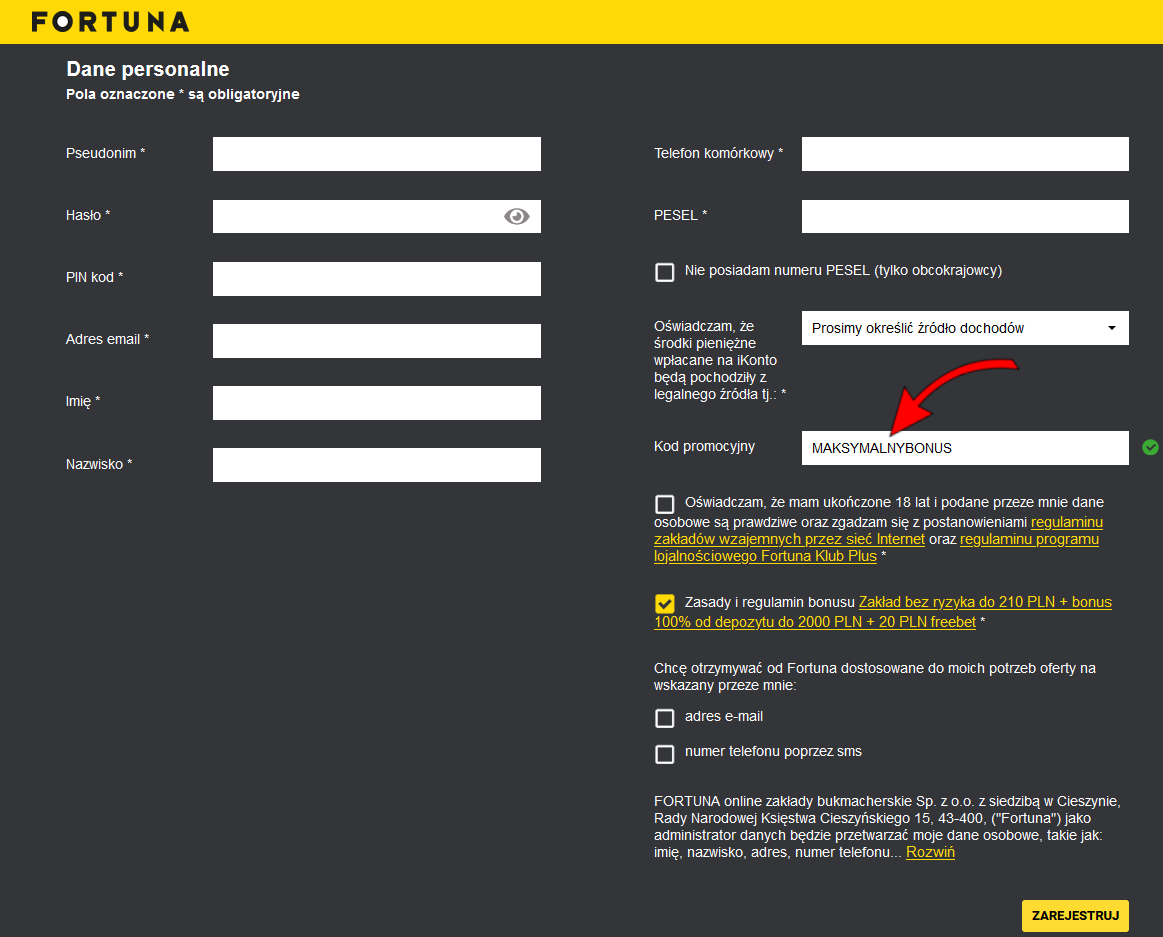 Fortuna-player account registration