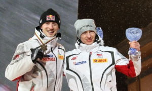Adam Małysz and Kamil Stoch-medal ceremony Oslo 2011